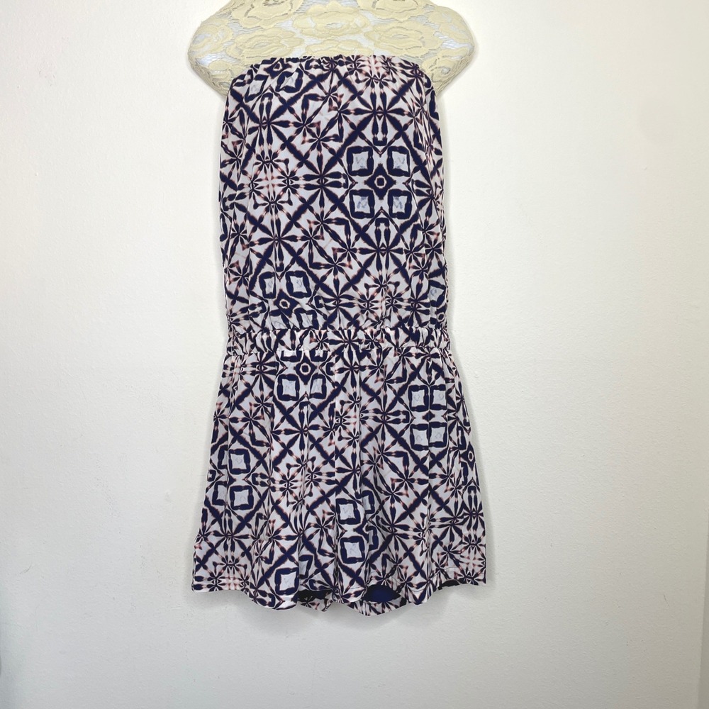 Three Eighty Two Romper‎ Womens Medium Blue White Geometric Strapless NWT